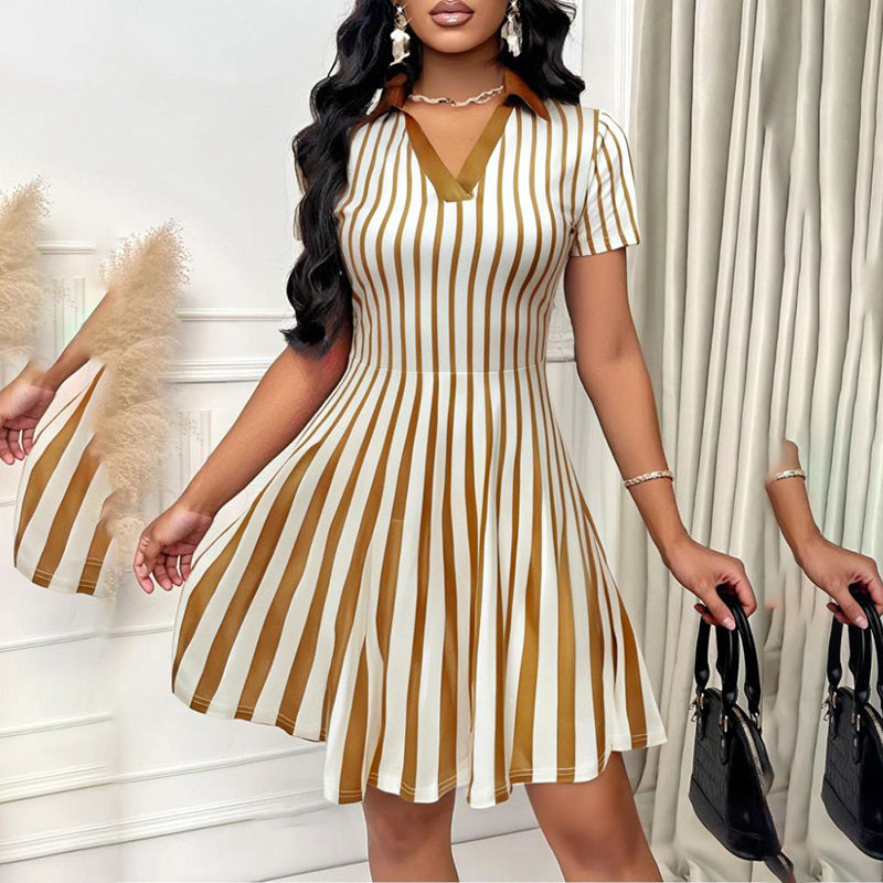 Elegant Striped V Neck Short Sleeve A Line Dress
