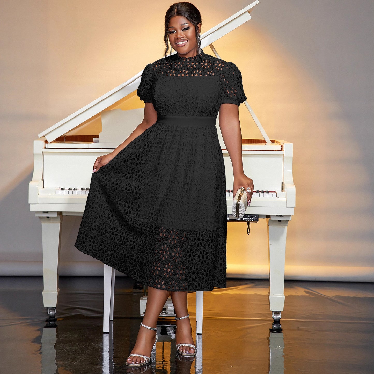Puff Sleeve Lace Banquet Holiday Dress