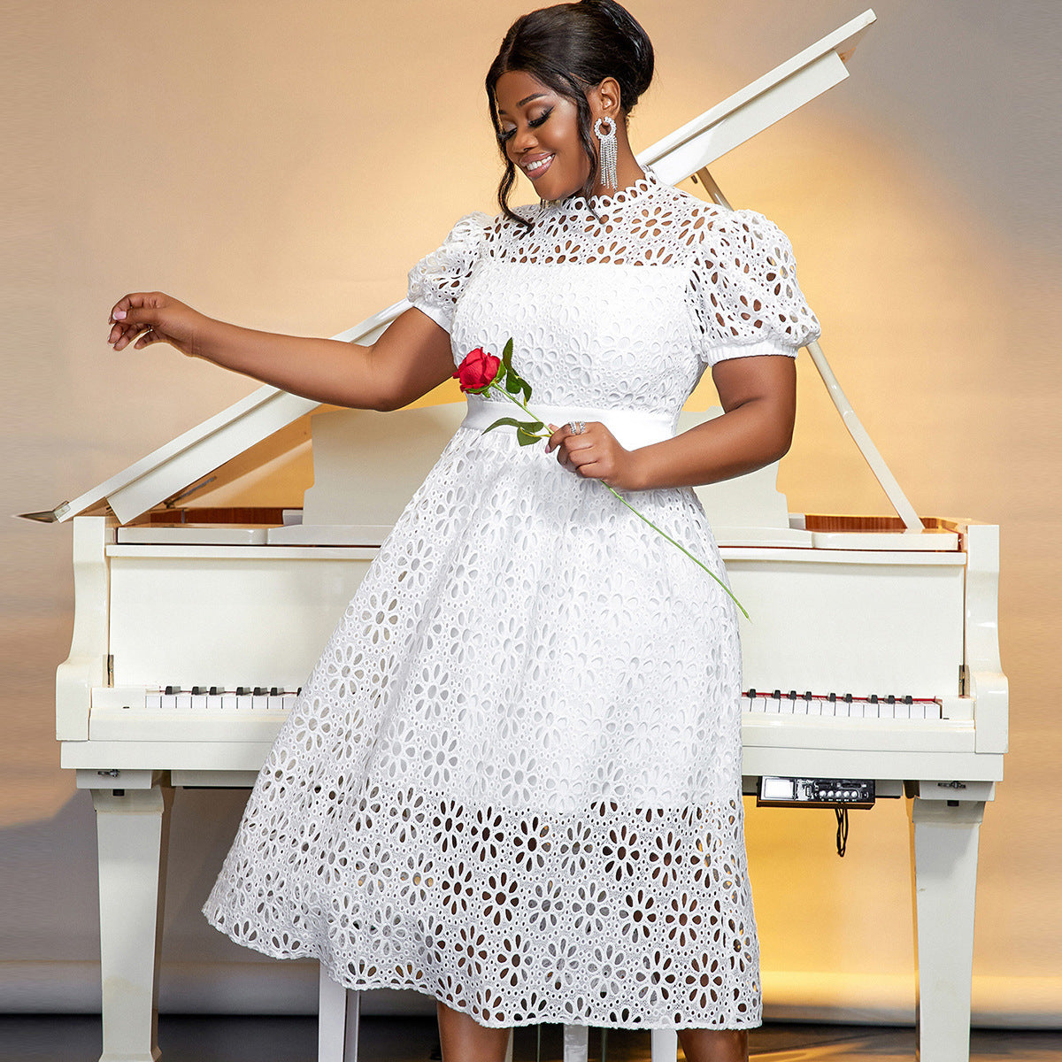 Puff Sleeve Lace Banquet Holiday Dress