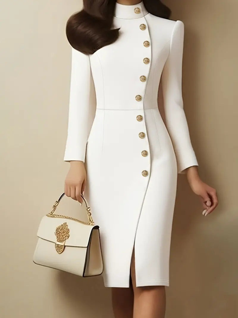 Fall Fashion Long Sleeve Stand-up Collar Slim Fit Metal Button Split Dress