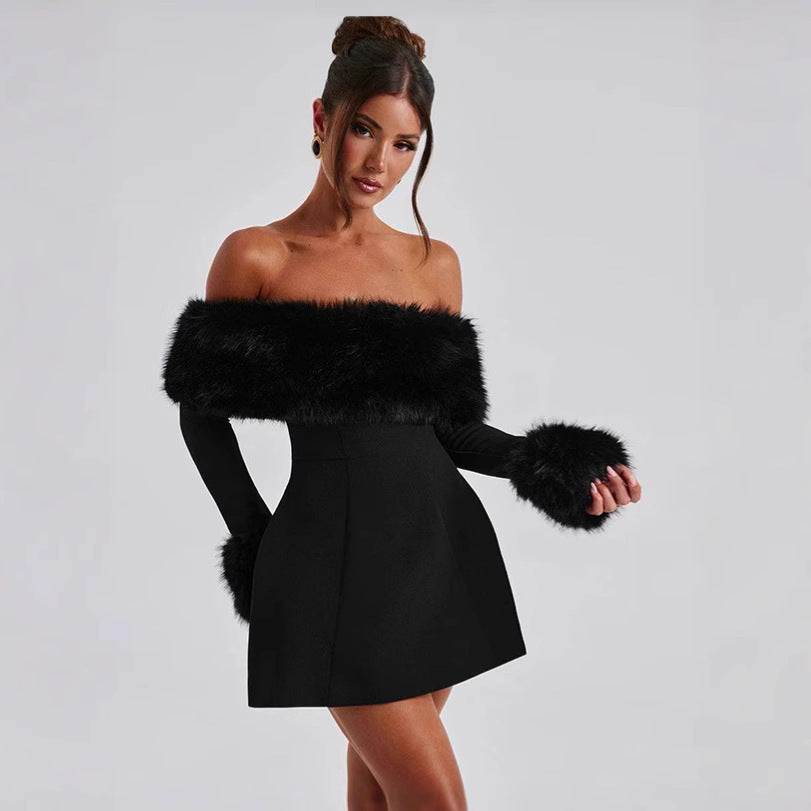 Elegant Sexy Fur Collar Off-shoulder Slim A- Line Dress