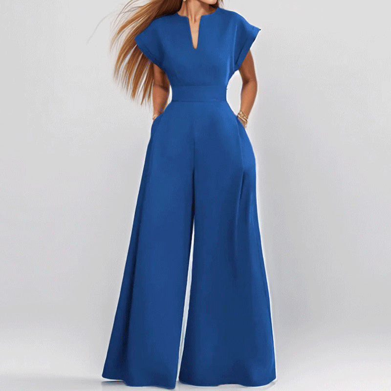 Short Sleeve Jumpsuit Wide Leg A-Line Waist Tied