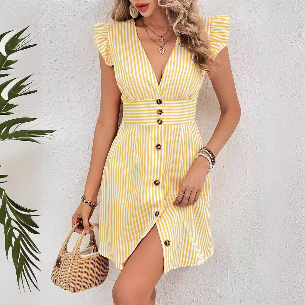 Shirt Dress with Elegant Splicing Stripe Print