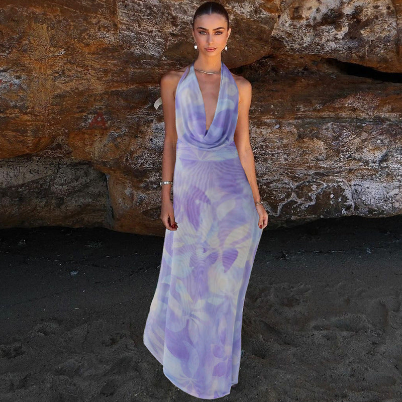 Tie Dye Printing Deep V-neck Halter Backless Long Dresses