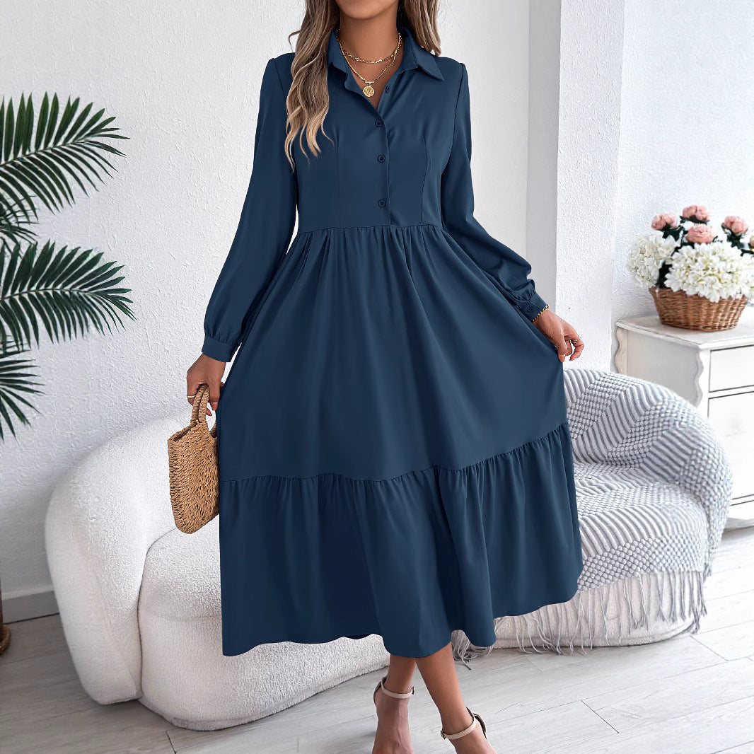 Women's Lapel Casual Loose Long Sleeve Ruffled Shirt Dress