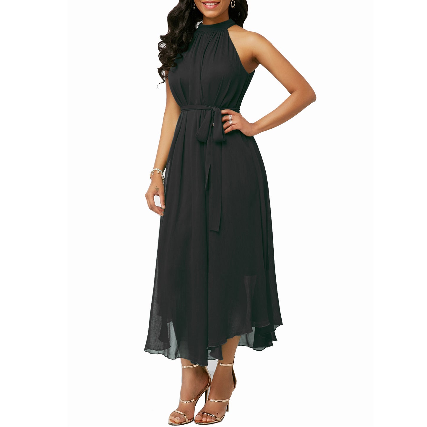 Halt Neck Off Shoulder Chiffon Pleated Dress