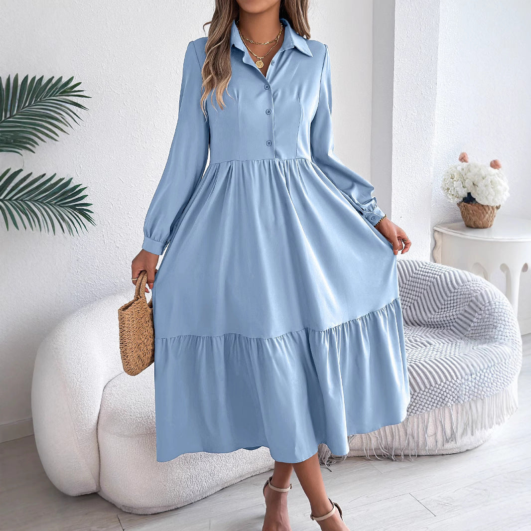 Women's Lapel Casual Loose Long Sleeve Ruffled Shirt Dress
