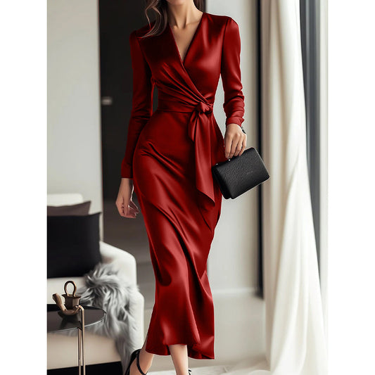 V-Neck Long Sleeve Bodycon Dress with Belted Waist