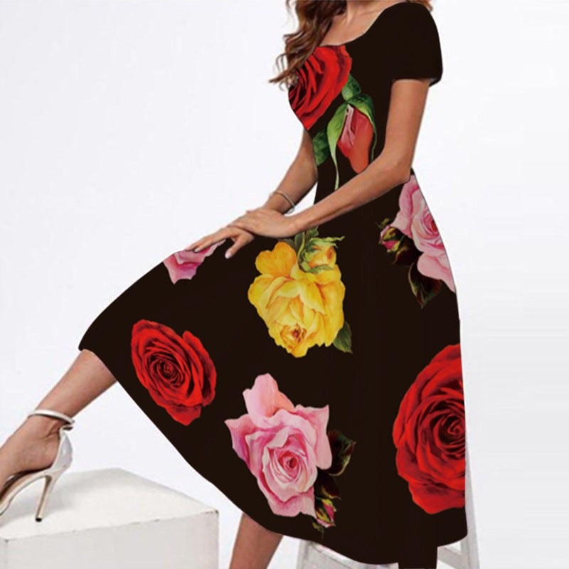 Women's Round Neck Print Swing Dress