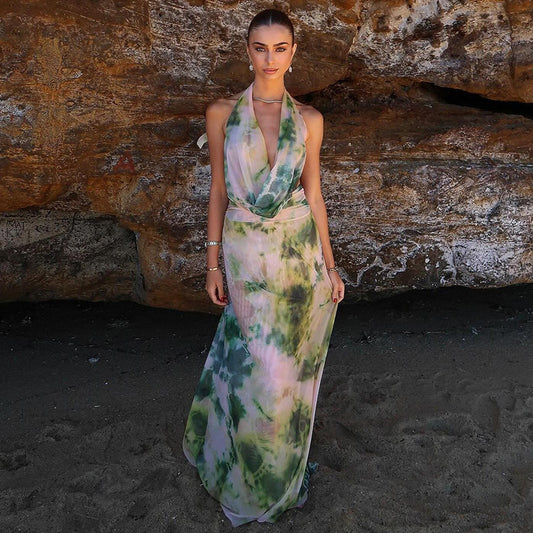 Tie Dye Printing Deep V-neck Halter Backless Long Dresses