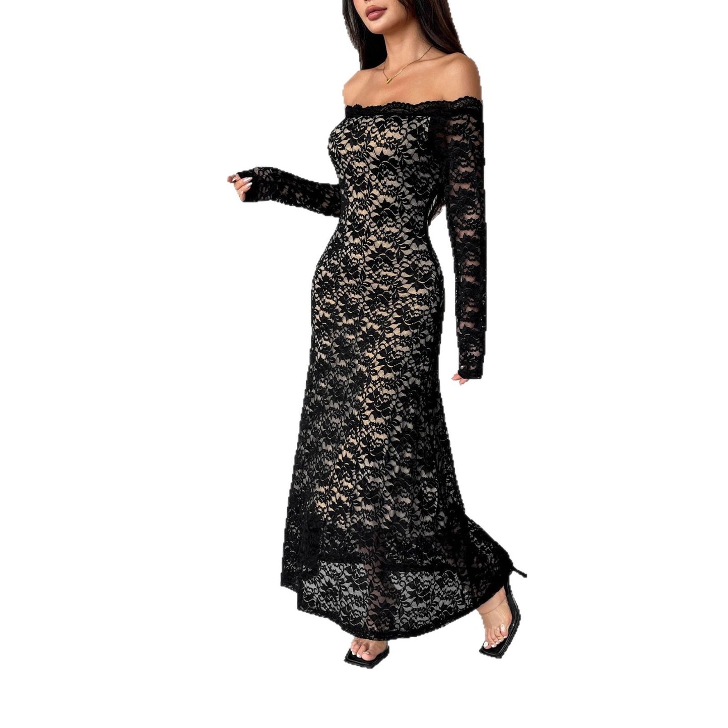 Slim-fit Long Dress With Off-neck Collar