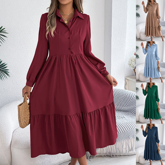 Women's Lapel Casual Loose Long Sleeve Ruffled Shirt Dress