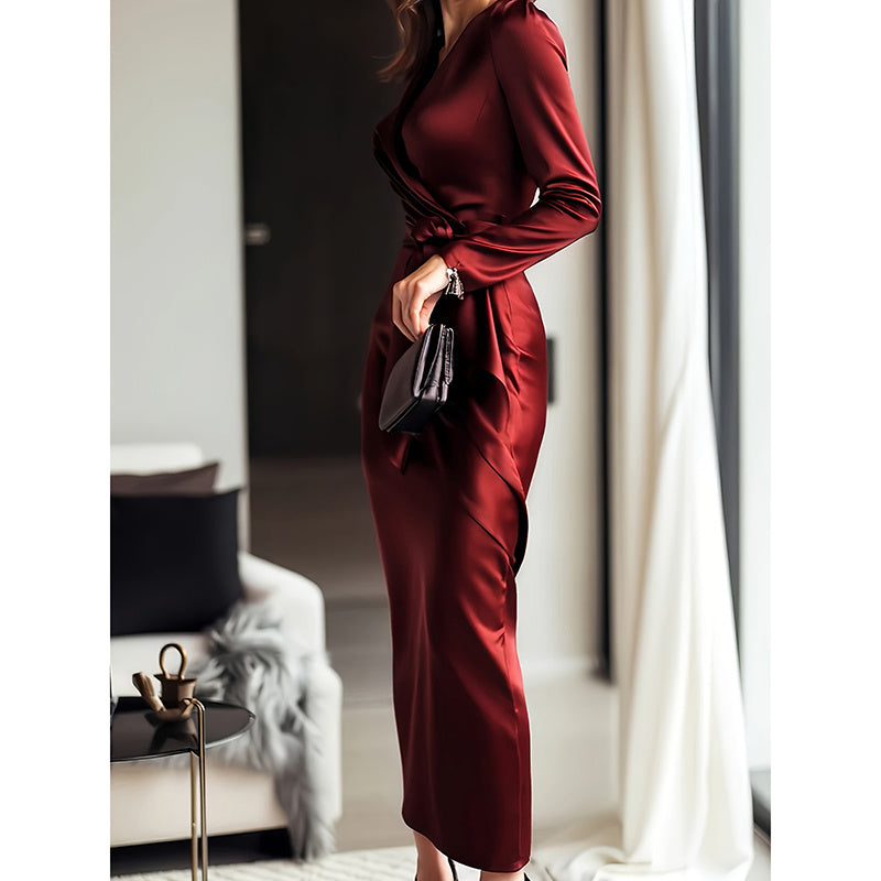 V-Neck Long Sleeve Bodycon Dress with Belted Waist