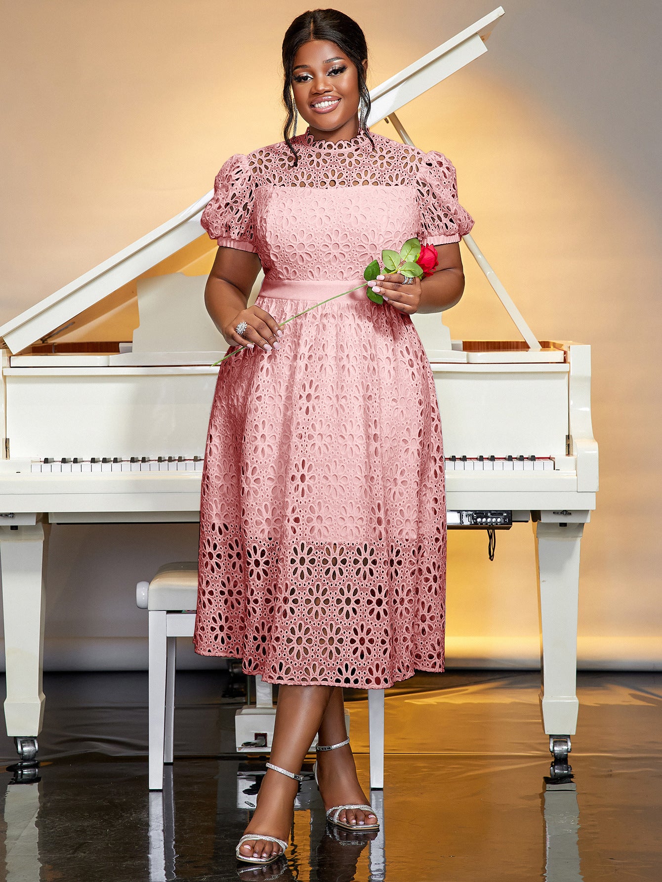 Puff Sleeve Lace Banquet Holiday Dress