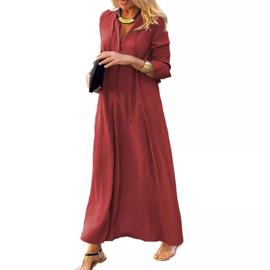 Women's Solid Color And V-neck Long Sleeve Simple Casual Dress