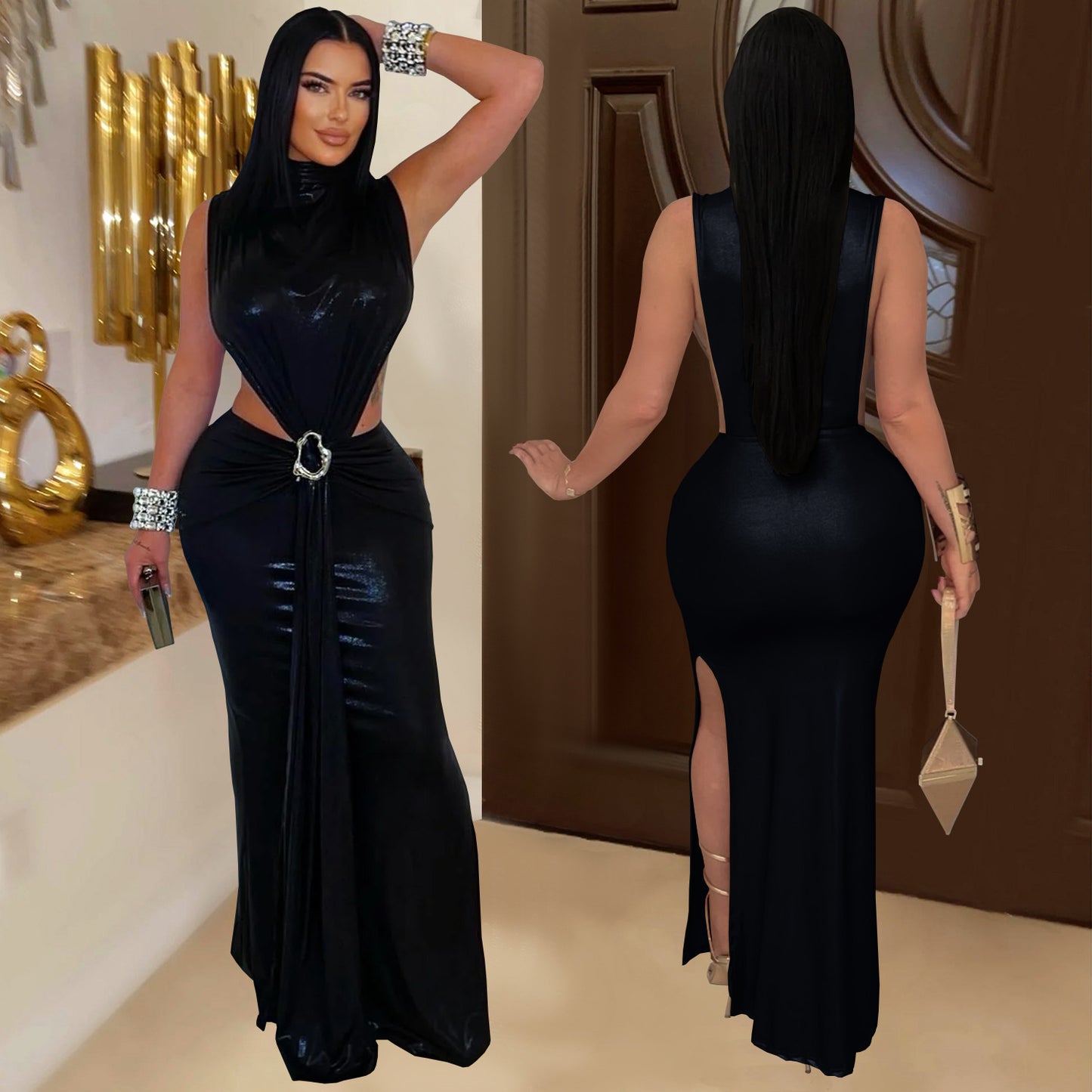 Sexy Elegant Turtleneck Arm Covering Split Dress