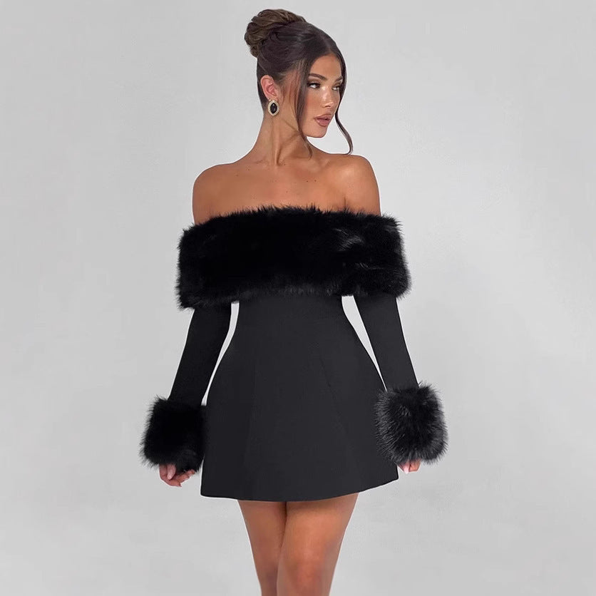 Elegant Sexy Fur Collar Off-shoulder Slim A- Line Dress