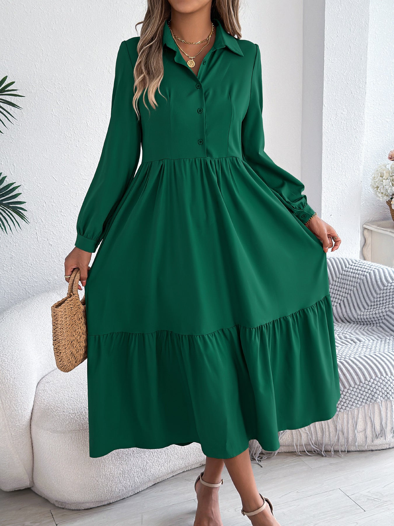 Women's Lapel Casual Loose Long Sleeve Ruffled Shirt Dress