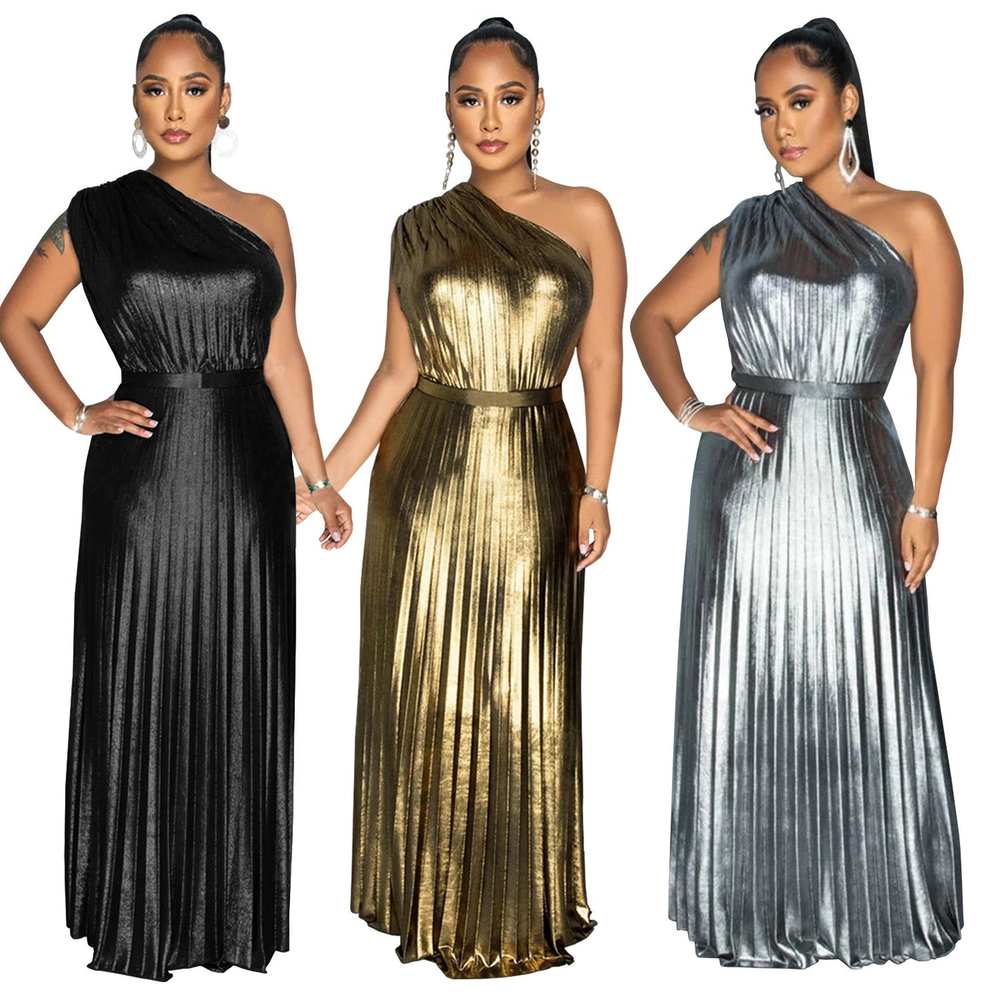 Elegant Bronzing Oblique Solid Color Dress