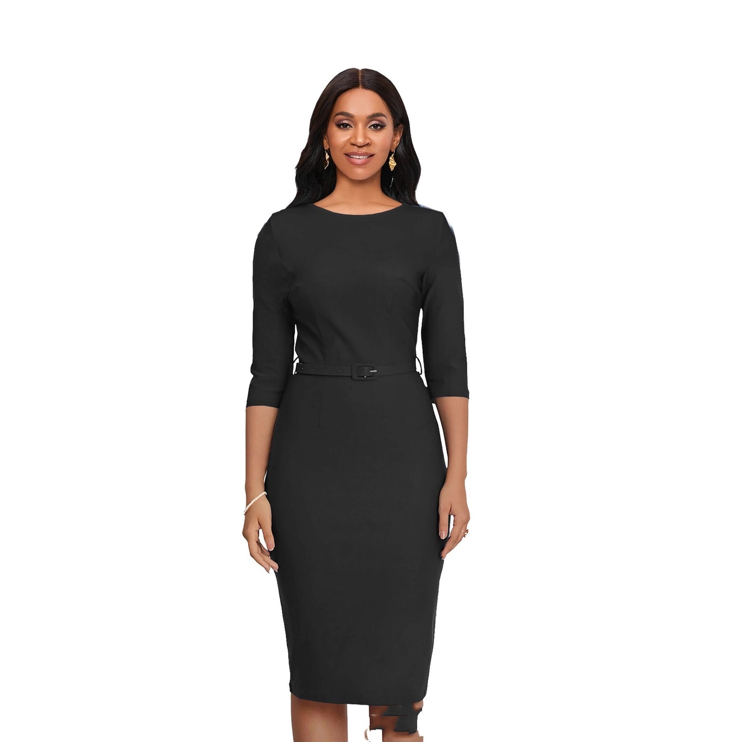 Round Neck Sheath And Fitted Waist Belt Slimming Dress