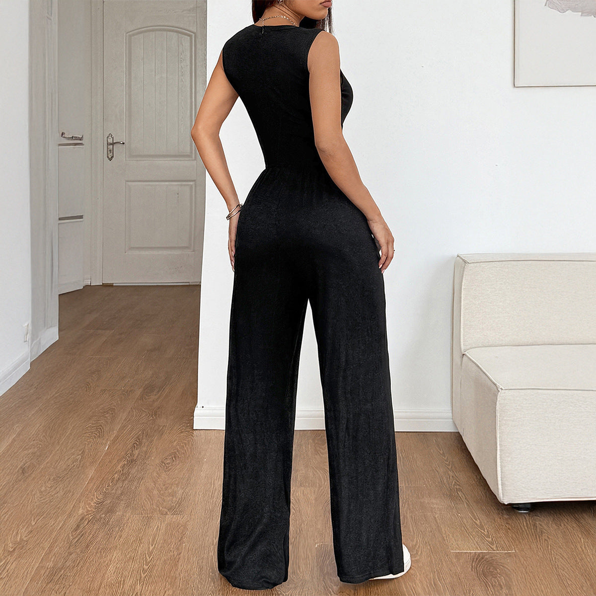 Waist-tied Solid Color Jumpsuit