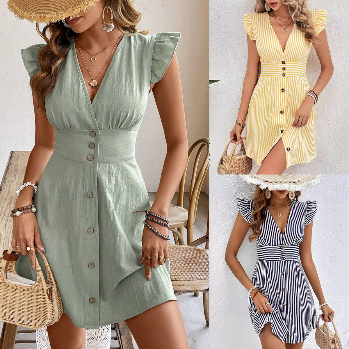 Shirt Dress with Elegant Splicing Stripe Print
