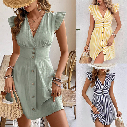 Shirt Dress with Elegant Splicing Stripe Print