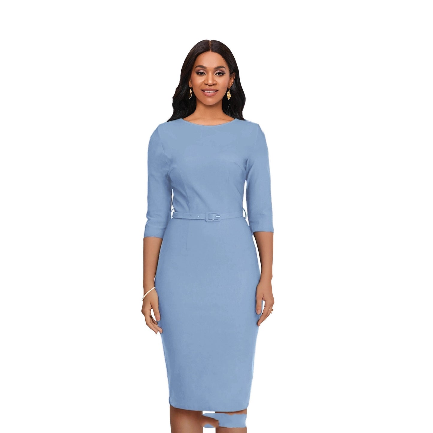 Round Neck Sheath And Fitted Waist Belt Slimming Dress