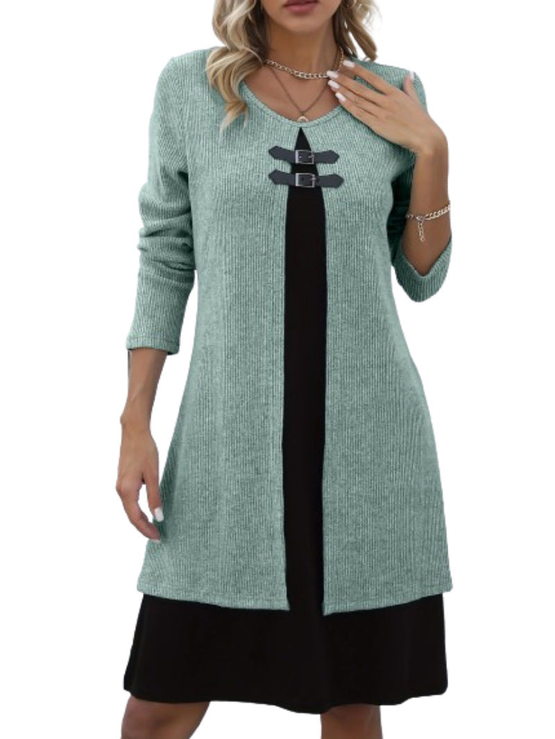Contrast-color Sweater Dress With Buckle Design
