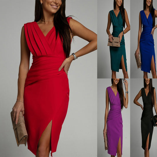 V-neck Sleeveless Slit High Waisted Evening Gown