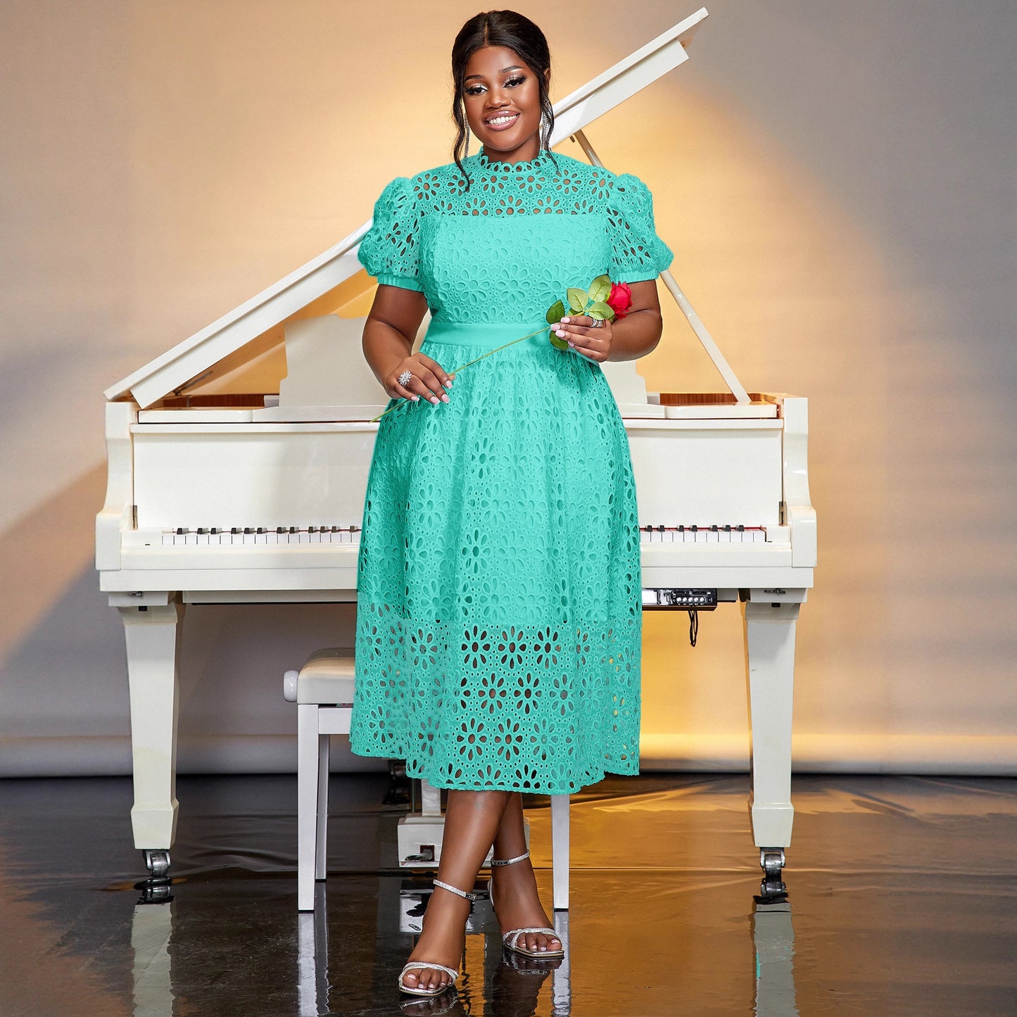 Puff Sleeve Lace Banquet Holiday Dress