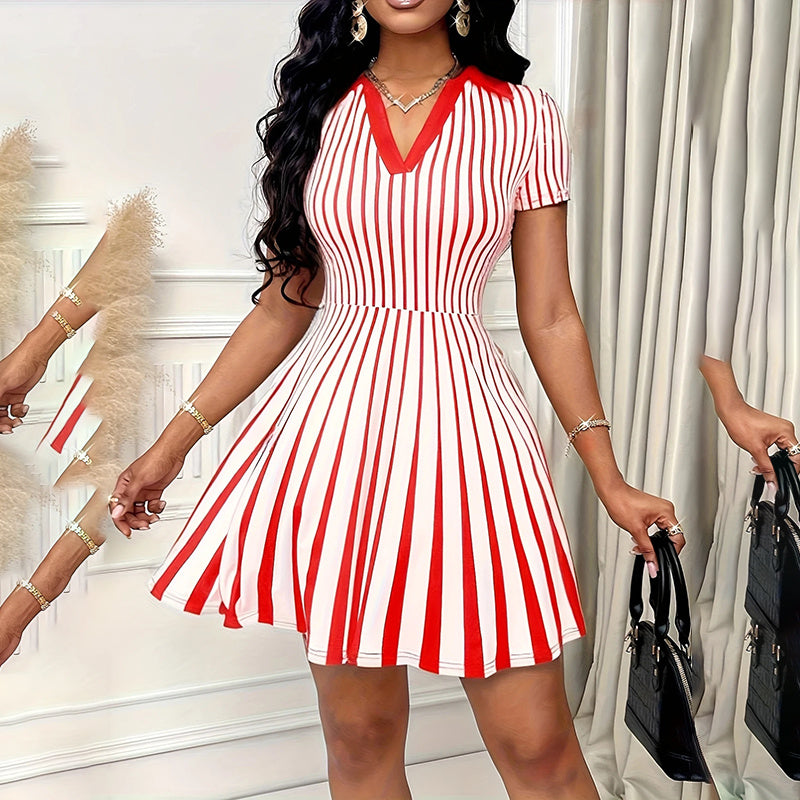 Elegant Striped V Neck Short Sleeve A Line Dress