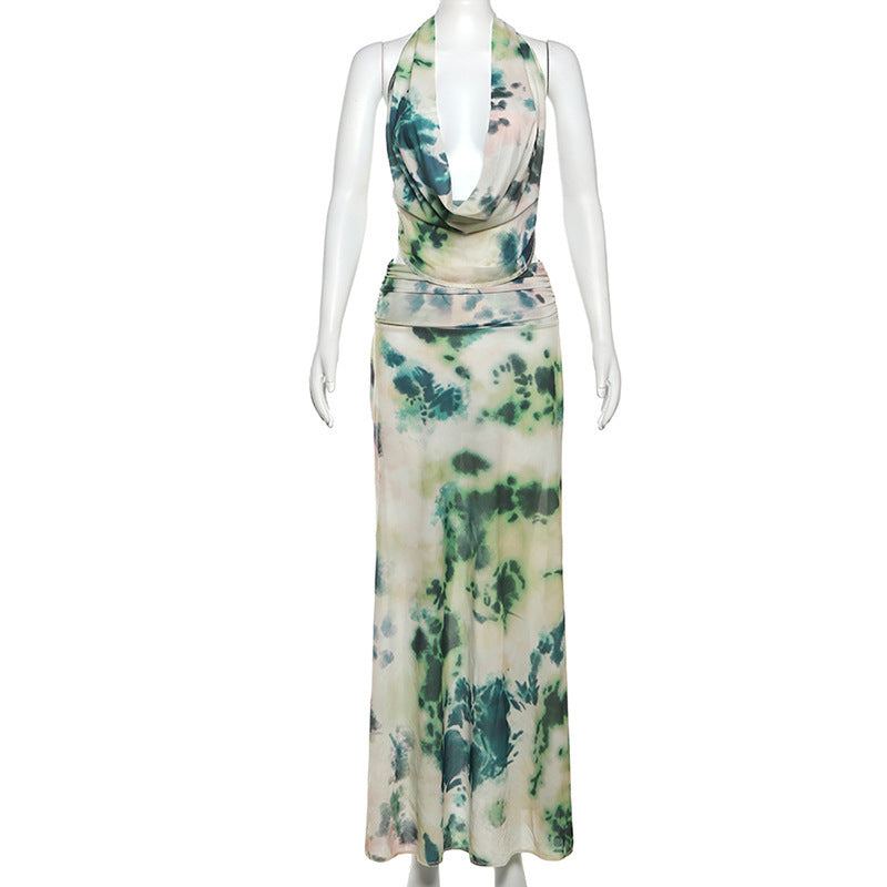 Tie Dye Printing Deep V-neck Halter Backless Long Dresses