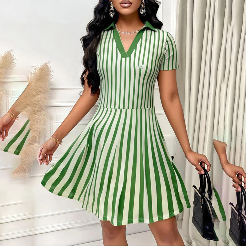 Elegant Striped V Neck Short Sleeve A Line Dress
