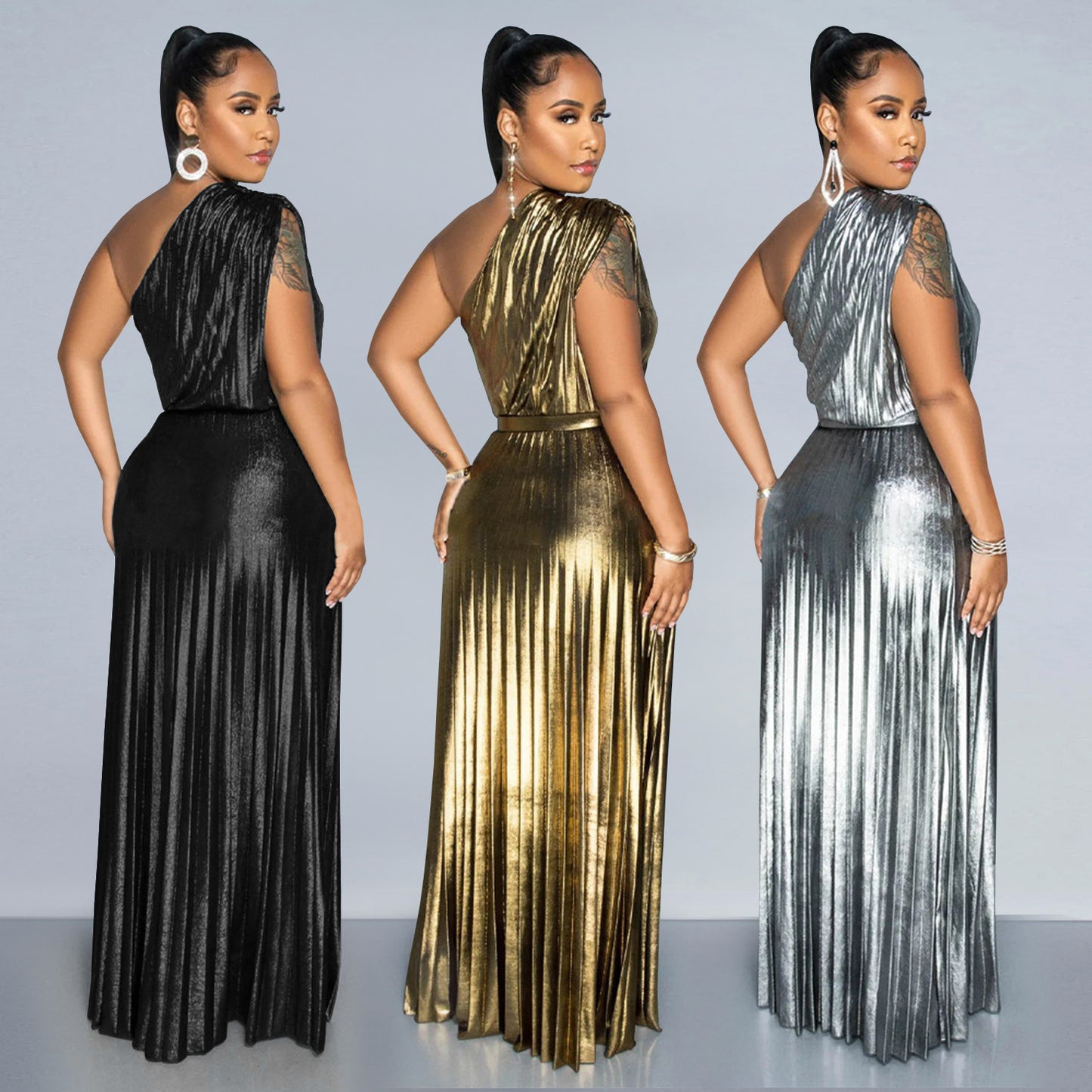 Elegant Bronzing Oblique Solid Color Dress