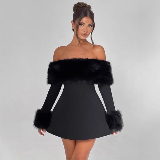 Elegant Sexy Fur Collar Off-shoulder Slim A- Line Dress