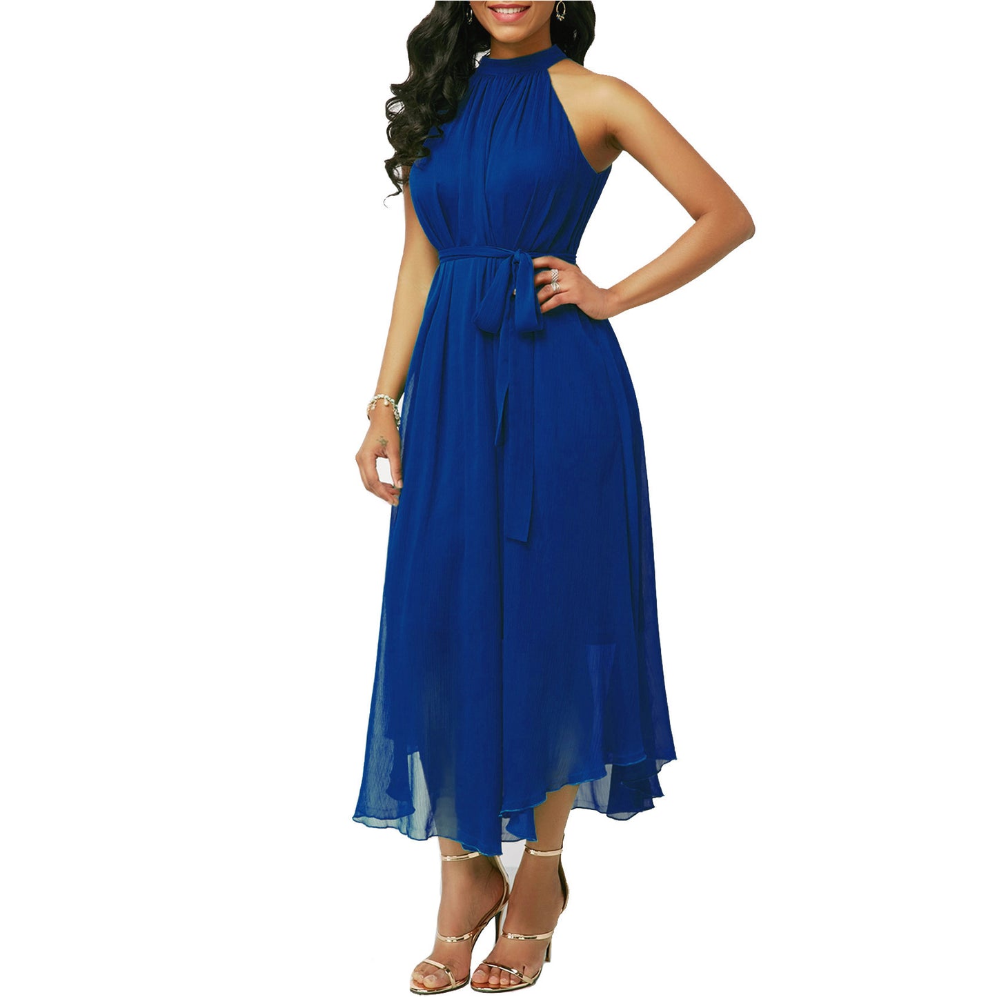 Halt Neck Off Shoulder Chiffon Pleated Dress