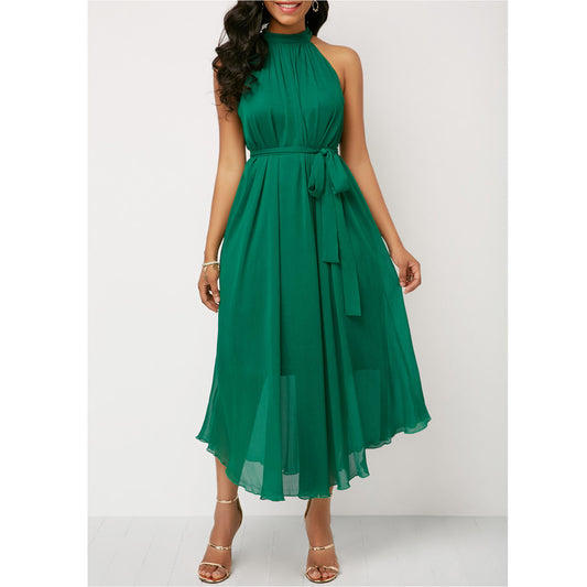 Halt Neck Off Shoulder Chiffon Pleated Dress