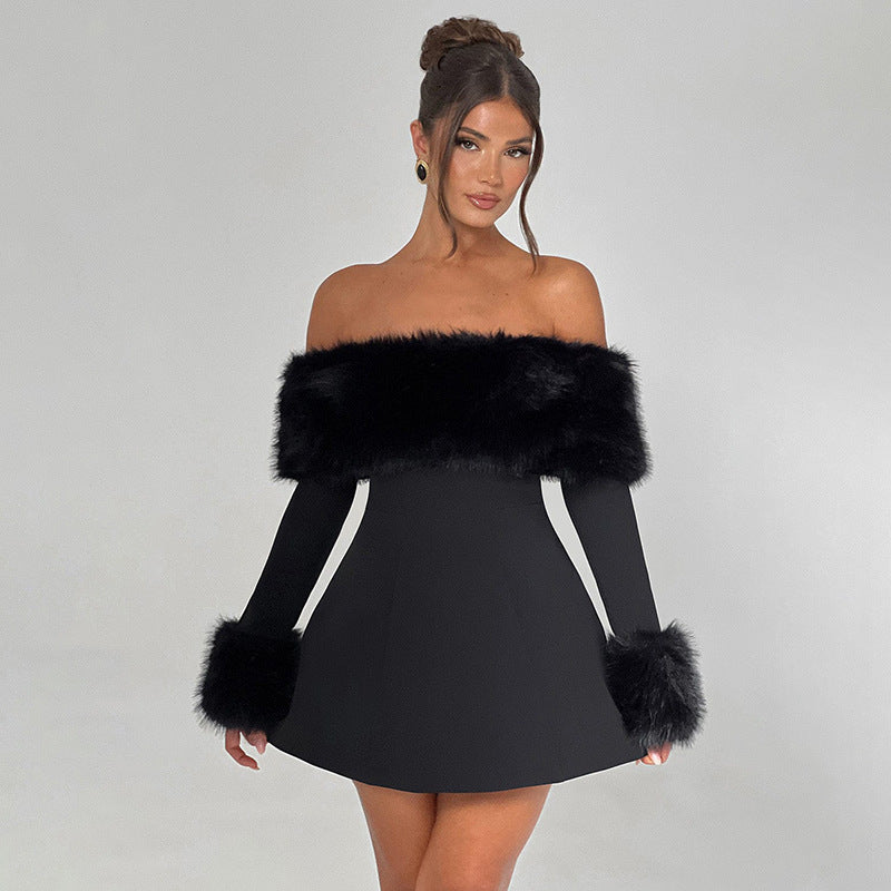 Elegant Sexy Fur Collar Off-shoulder Slim A- Line Dress